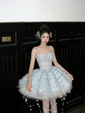 Gorgeous Shiny Light Blue Sequined A-Line Strapless Design Tiered Party Dress Homecoming Dress HZ1024