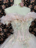Vintage Pink Sweetheart Off-the-shoulder Tulle Beaded Quinceanera Evening Dress Ball Gown HZ1024