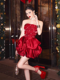 Vintage Beading Strapless A-line Satin Short Party Dress Homecoming Dresses HZ1024