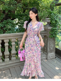 New Fashion Floaral Design V-neck Short Sleeves Mermaid Slim Long Dress HZ1024