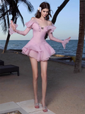 Simple Fashion Pink Off-the-shoulder Design A-line Party Dresses Homecoming Dresses, HZ1024