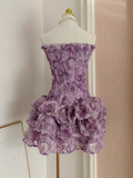 Vintage Purple 3D Flowers Strapless A-line Tulle Short Party Dress Homecoming Dresses HZ1024