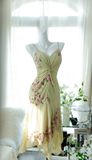 Vintage Light Green Spaghetti Strap Floral Design A-line Romantic Chiffon Evening Dress Prom Dress HZ1024