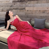 New Elegant Stylish Rose Red High-waisted Spaghetti Strap Dress HZ1024