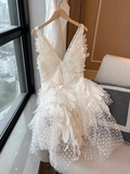 Vintage White Lace V-neck A-line Tulle Short Party Dress Homecoming Dresses HZ1024