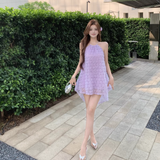 Fashion Purple 3D Flowers Tulle Design A-line Halter Homecoming Dress HZ1024