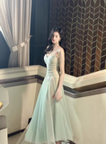 Vintage Sage Green Chiffon Prom Dress A-Line Spaghetti Strap Evening Dress Long Formal Dress HZ1024