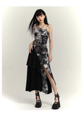 Fashion Black & White Ink Artistic Sense Irregular Design Spaghetti Strap Dress HZ1024