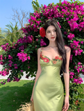 Vintage Green Floral Mermaid Spaghetti Strap Design Satin Prom Dress Evening Dress HZ1024