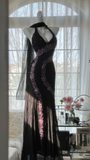 Retro Black V-neck Applique Design Romantic Chiffon Evening Dress Prom Dress HZ1024