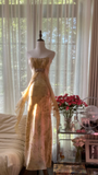 Retro Golden Strapless Floral Elegant Design A-line Beaded Romantic Chiffon Evening Dress Prom Dress HZ1024