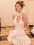 Simple Fashion White Halter Dress Design A-line Satin Party Dresses Homecoming Dresses, HZ1024