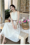 Simple Fashion White Sleeveless Design Beach Holiday A-line with Belt Jacquard Halter Dress HZ1024