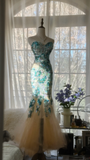 Gorgeous Mermaid Blue-green Sparkling Strapless Elegant Beaded Chiffon Evening Dress Prom Dress HZ1024