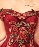 Vintage Burgundy Floral Applique Off-the-shoulder Design A-line Tulle Party Dress Homecoming Dress HZ1024