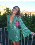 Fashion Green V-neck Sequin Design A-line Long-sleeved Women Party Dress Homecoming Dress HZ1024