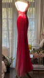 Retro Red V-neck Sparkling Beaded Mermaid Chiffon Ball Gown Evening Dress Prom Dress HZ1024
