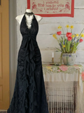 Vintage Black Halter-neck Lace Evening Gown A-Line Party Dress Long Formal Dress HZ1024