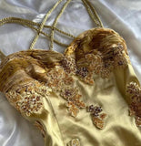 Vintage Golden Sweetheart Applique A-line Spaghetti Strap Evening Dress Prom Dresses HZ1024