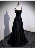 Vintage Black Satin A-Line Evening Gown Sweetheart Spaghetti Strap Party Dress Long Formal Dress HZ1024