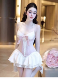 Fashion Pink Bow Bodycon Halter Dress Design A-line Ruffled Hem Party Dress Homecoming Dress HZ1024