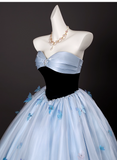 Chic Sky Blue Sweetheart Beaded Sweet 16 Quinceanera 3D Flowers A-Line Strapless Evening Dress Long Ball Gown HZ1024