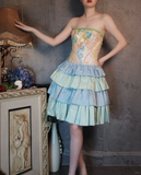 Retro Colorful Strapless Floral Design A-line Short Tiered Homecoming Dress HZ1024