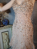 Vintage Champagne Spaghetti Strap V-neck Sparkling Beaded Design Elegant Chiffon Evening Dress Prom Dress HZ1024