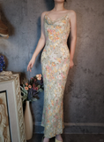Vintage Floral Spaghetti Strap Sparkling Beaded Design Romantic Chiffon Evening Dress Prom Dress HZ1024