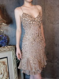 Vintage Champagne Spaghetti Strap V-neck Sparkling Beaded Design Elegant Chiffon Evening Dress Prom Dress HZ1024