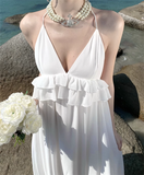 Simple Fashion Women White Design Sense Beach Holiday Banquet Halter Dress HZ1024