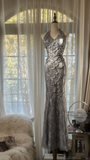Vintage Silvery V-neck Sparkling Sequin Design Romantic Chiffon Evening Dress Prom Dress HZ1024