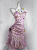 Glitter Pink Sequin Spaghetti Strap Butterfly Design 16th Birthday Party Dress Homecoming Dress HZ1024