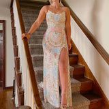 Vintage Colorful Applique Spaghetti Strap Floral Design Elegant Bridesmaid Dress Evening Dress Prom Dress HZ1024