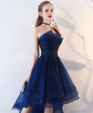 Retro Navy Blue Strapless Ruffled Hem Design A-line Tulle Party Dress Homecoming Dress HZ1024