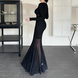Women Simple Elegant Black Mesh Long-sleeved Dress HZ1024