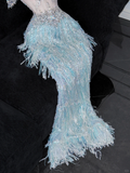 Shiny Light Blue Beaded Sequined Design Mermaid Prom Dress Evening Dress HZ1024