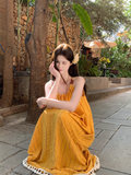 Simple Fashion Yellow Loose-fitting Design Beach Holiday A-line Long Spaghetti Strap Dress HZ1024