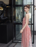 New Fashion Red Plaid Lace Patchwork Design Beach Holiday A-line Sleeveless Strapless Dress HZ1024