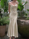 Vintage Sage Green Ruffle Mermaid Satin Long Prom Dress Party Dress Evening Dress HZ1024