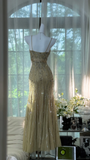 Vintage Shiny Light Green Spaghetti Strap Elegant Design A-line Beaded Romantic Chiffon Evening Dress Prom Dress HZ1024
