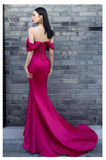 Elegant Hot Pink Off-the-shoulder Prom Dress Satin Evening Gown Mermaid Party Dress Trailing Long Formal Dress HZ1024