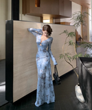 Vintage Blue Floral Design A-line Long-sleeved Dress HZ1024