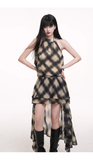 Simple Fashion Leopard Print Plaid Style Halter Dress HZ1024