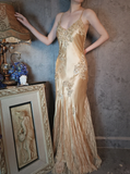 Retro Golden V-neck Sparkling Beaded Backless Design Elegant Satin Evening Dress Prom Dress HZ1024