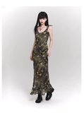 Vintage Butterfly Green Mesh Spaghetti Strap Dress HZ1024