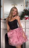 Vintage Black & Pink A-Line Strapless Tulle Homecoming Dress Party Dress Cocktail Dress HZ1024