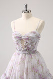 Vintage A-Line Homecoming Dress Spaghetti Straps Ruffled Floral Print Tiered Cocktail Dress HZ1024