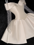 Elegant Ivory Off-the-shoulder Simple Design A-Line Satin Short Homecoming Dress Party Dress HZ1024