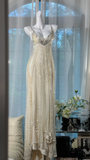 Gorgeous Shiny Beige Beaded Sequin Spaghetti Strap Design Chiffon Prom Dress Evening Dress HZ1024